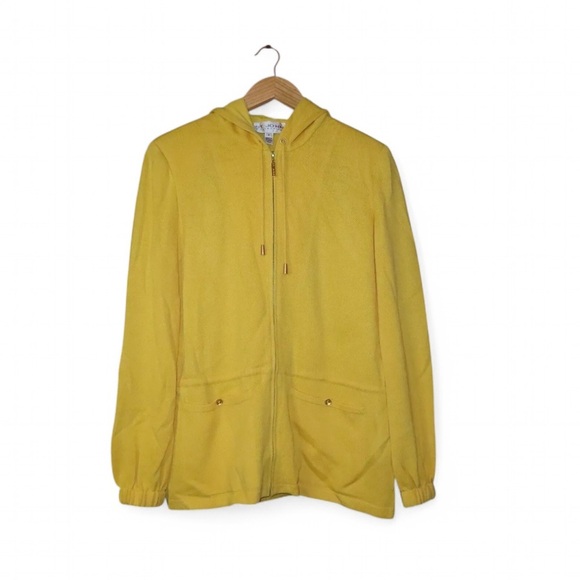 St. John Collection Women's Small Knit Wool Jacket Mustard Zip Lined Hood FLAWED - Picture 1 of 15
